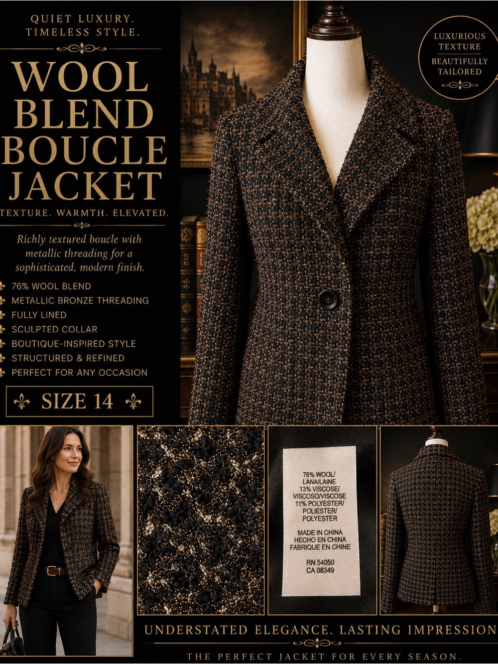 Anne Klein Bronze and Black Bouclé Wool-Blend Blazer